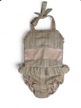 Smockingbird Pastel Striped Halter Ruffle Sunsuit - size 5